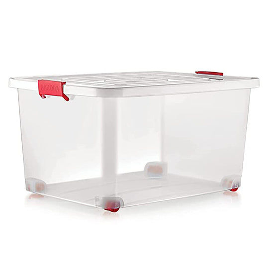 Konquer TimeS Large Plastic Multipurpose Stackable Storage Box with Lid, Handles, & Wheels, Transparent