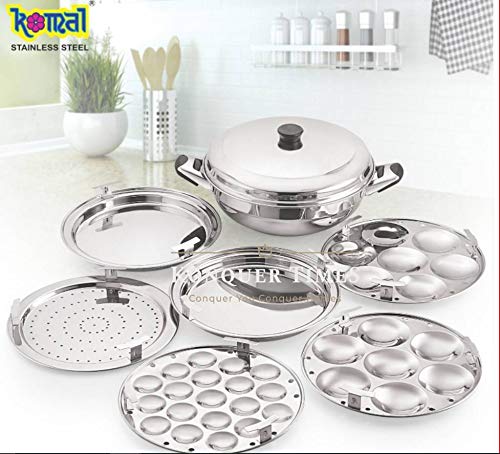 Konquer TimeS komal Multi Kadai with Induction Bottom 6 Pcs Set,1-Steamer Plate,1 Mini Idli Plate (19 Cavities),2 Idli Plates,2 Dhokla Plates. Heavy Quality