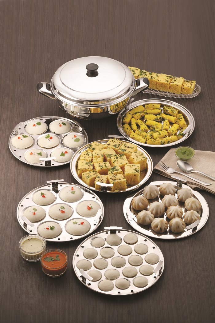 Konquer TimeS komal Multi Kadai with Induction Bottom 6 Pcs Set,1-Steamer Plate,1 Mini Idli Plate (19 Cavities),2 Idli Plates,2 Dhokla Plates. Heavy Quality