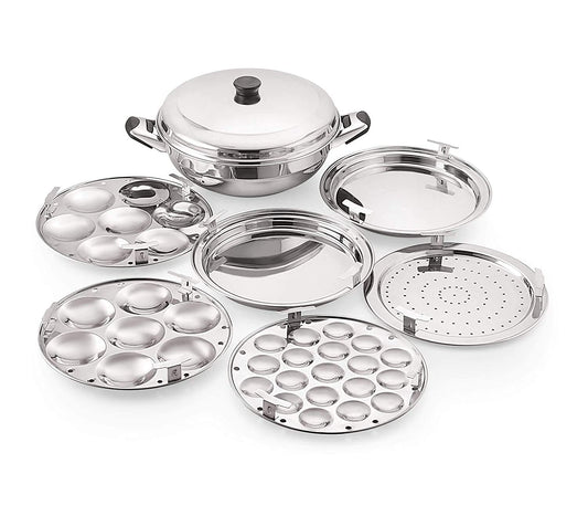 Konquer TimeS komal Multi Kadai with Induction Bottom 6 Pcs Set,1-Steamer Plate,1 Mini Idli Plate (19 Cavities),2 Idli Plates,2 Dhokla Plates. Heavy Quality