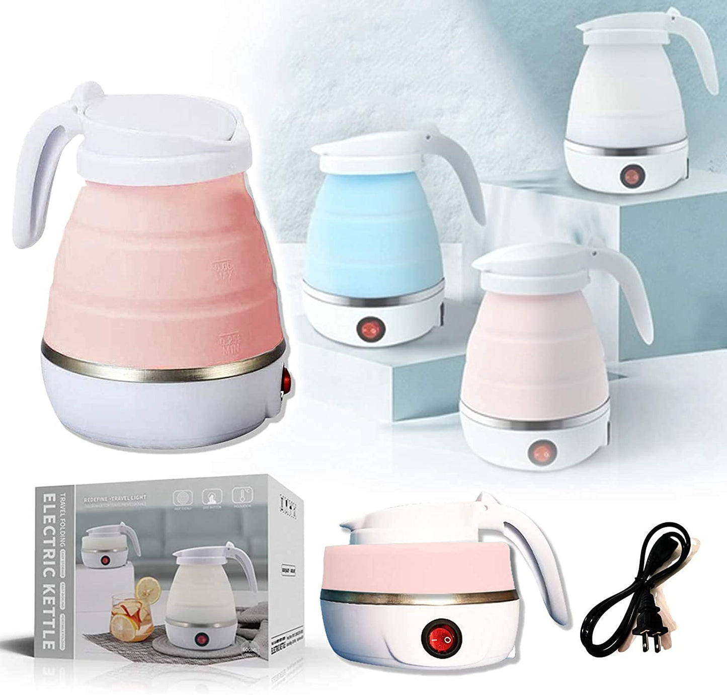 Portable Electric Kettle, Travel Foldable Kettle with Silicone Electric, Insulation Heating Boiler,100-240V Food Grade Silicone, 600ml, Multicolor